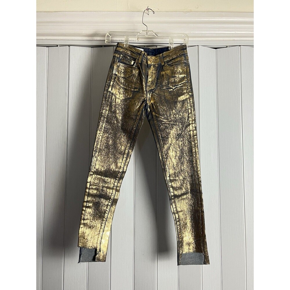 Zara Jeans Blue Metallic Gold Skinny Fit High Rise Ankle Length Rigid Sz 2 New